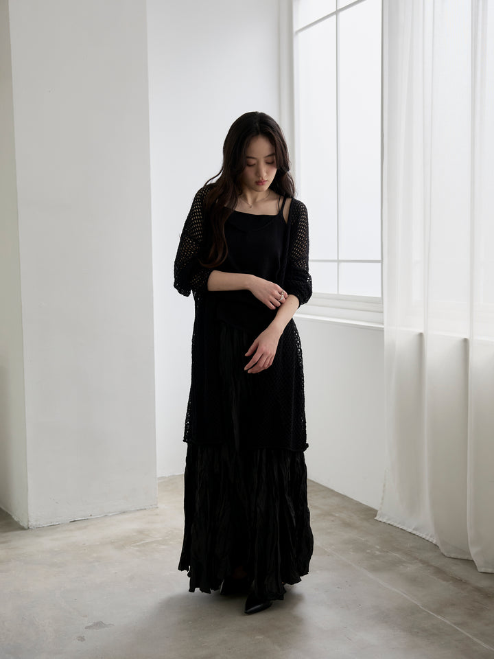 【SET】リネンタッチ透かし編みカーディガン&キャミソールSET+カットリブカップ付きバッククロスキャミソール(2set)