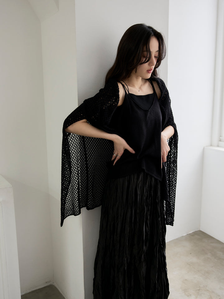 【SET】リネンタッチ透かし編みカーディガン&キャミソールSET+カットリブカップ付きバッククロスキャミソール(2set)