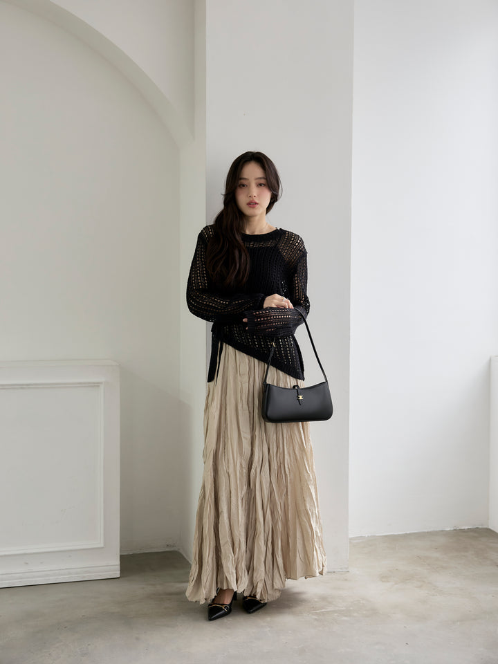 リネンタッチデザイン編みタイ付きルーズトップス