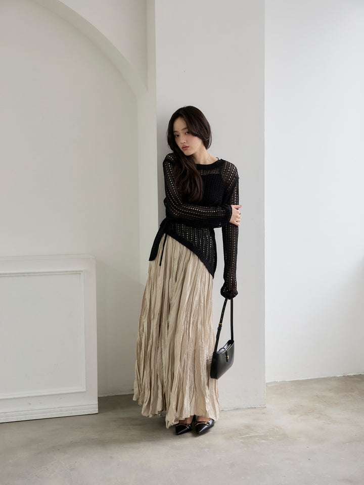 【SET】リネンタッチデザイン編みタイ付きルーズトップス+カットリブカップ付きバッククロスキャミソール(2set)