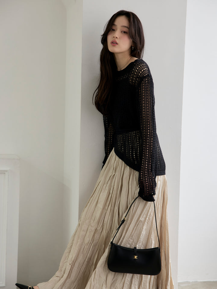 【SET】リネンタッチデザイン編みタイ付きルーズトップス+グロッシーワッシャープリーツスカート(2set)