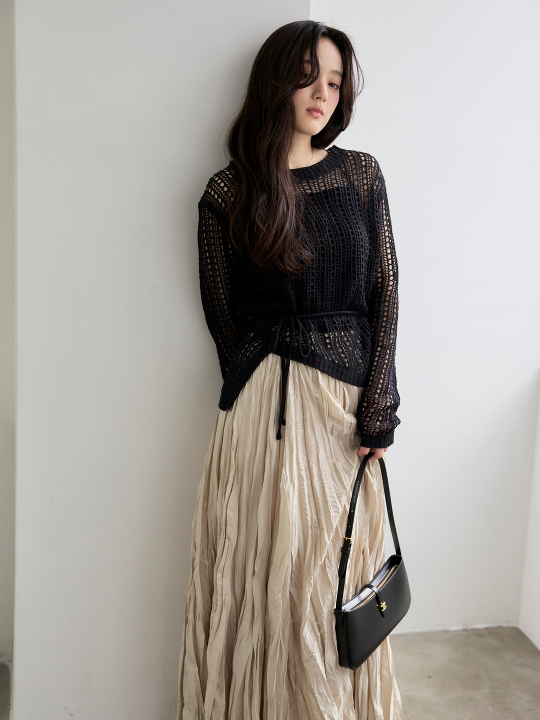 リネンタッチデザイン編みタイ付きルーズトップス