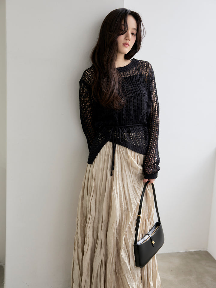 【SET】リネンタッチデザイン編みタイ付きルーズトップス+カットリブカップ付きバッククロスキャミソール(2set)