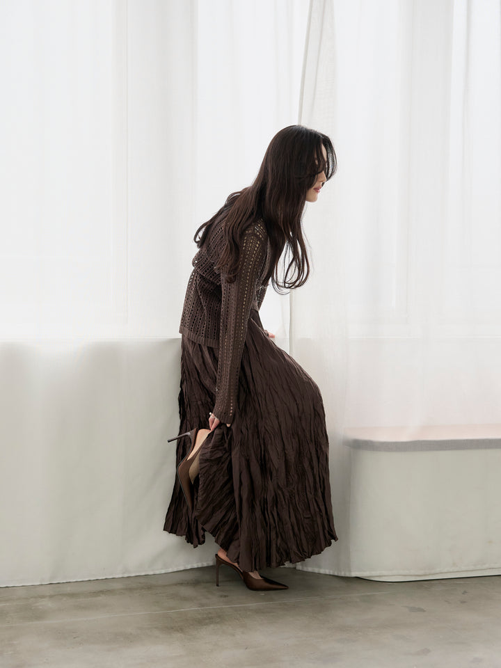 【SET】リネンタッチデザイン編みタイ付きルーズトップス+グロッシーワッシャープリーツスカート(2set)