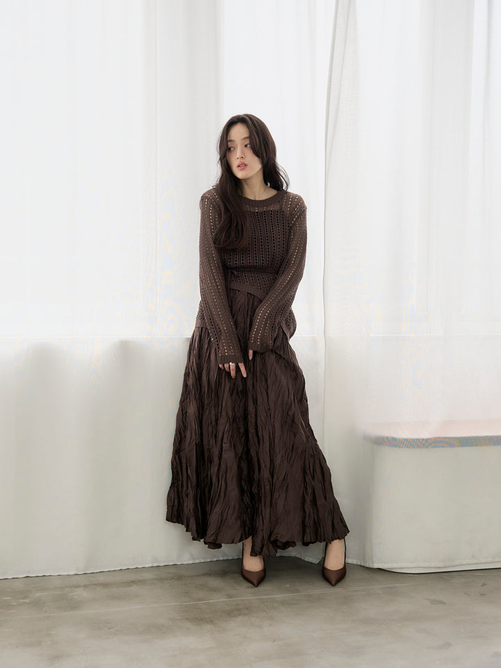 【SET】リネンタッチデザイン編みタイ付きルーズトップス+グロッシーワッシャープリーツスカート(2set)