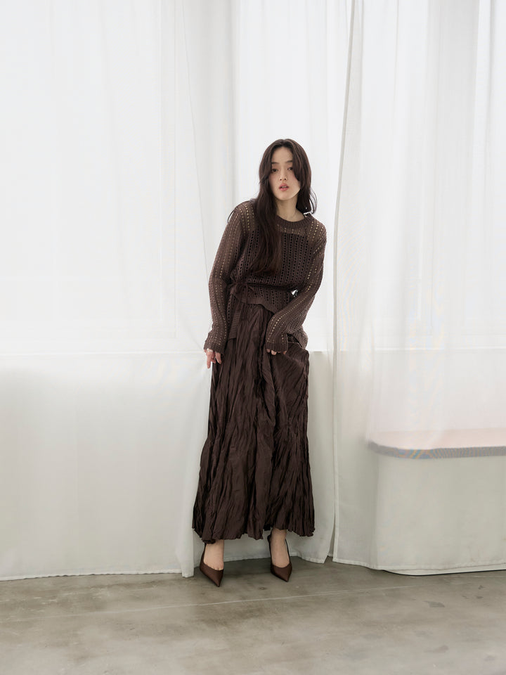 【SET】リネンタッチデザイン編みタイ付きルーズトップス+カットリブカップ付きバッククロスキャミソール(2set)