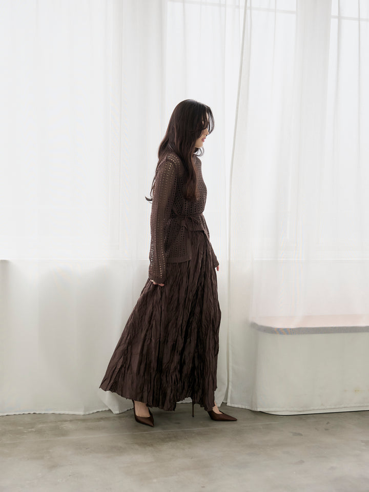 【SET】リネンタッチデザイン編みタイ付きルーズトップス+グロッシーワッシャープリーツスカート(2set)