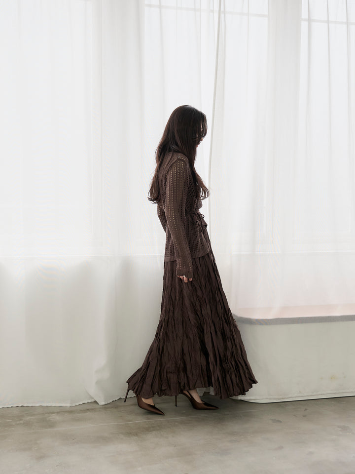 【SET】リネンタッチデザイン編みタイ付きルーズトップス+グロッシーワッシャープリーツスカート(2set)