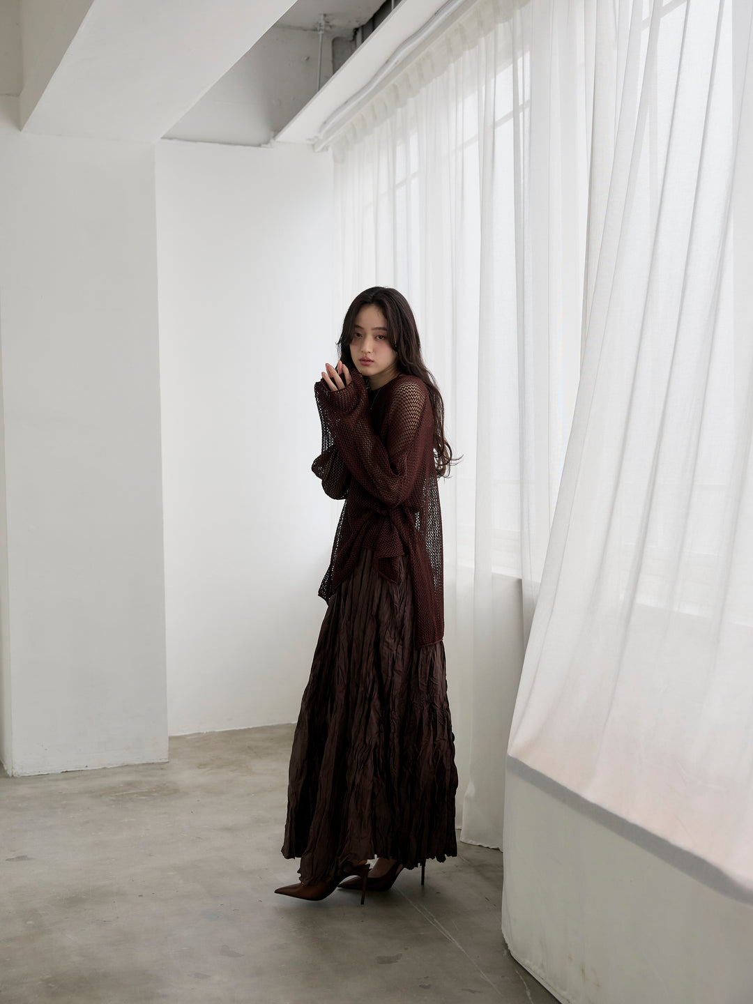 【SET】リネンタッチメッシュルーズトップス+グロッシーワッシャープリーツスカート(2set)