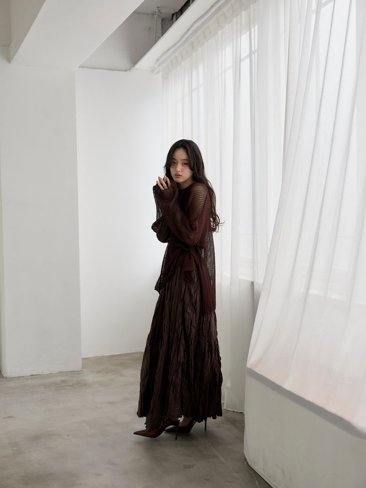 【SET】リネンタッチメッシュルーズトップス+グロッシーワッシャープリーツスカート(2set)