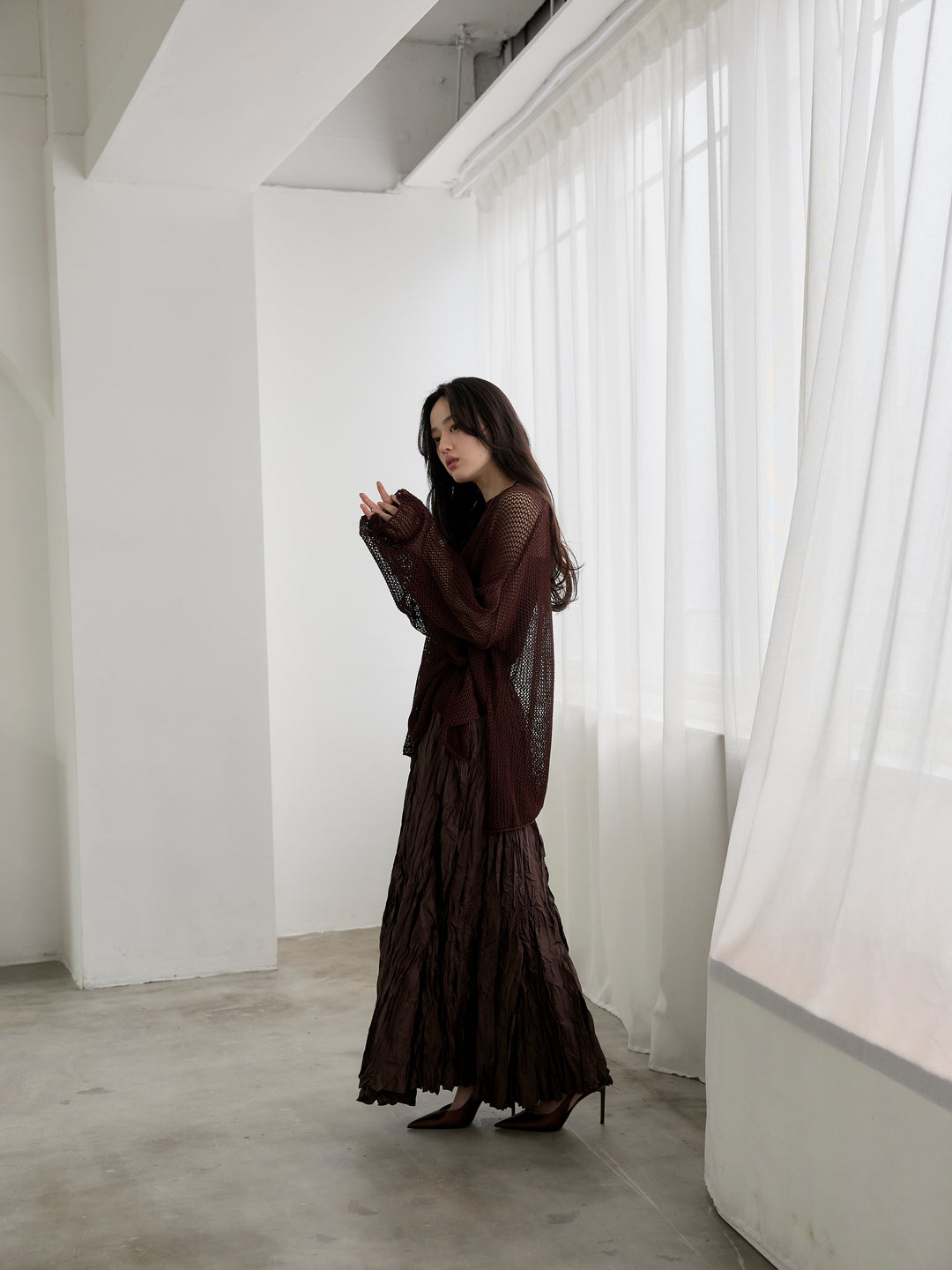 【SET】リネンタッチメッシュルーズトップス+グロッシーワッシャープリーツスカート(2set)