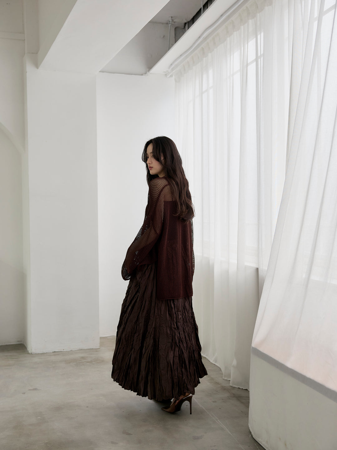 リネンタッチメッシュルーズトップス