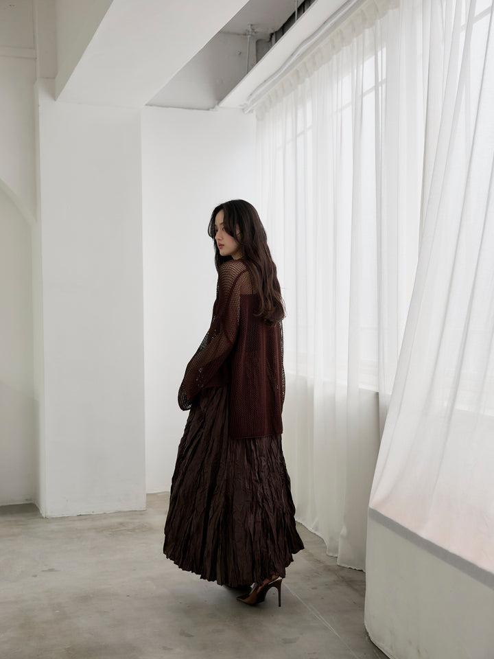 【SET】リネンタッチメッシュルーズトップス+カットリブカップ付きバッククロスキャミソール(2set)