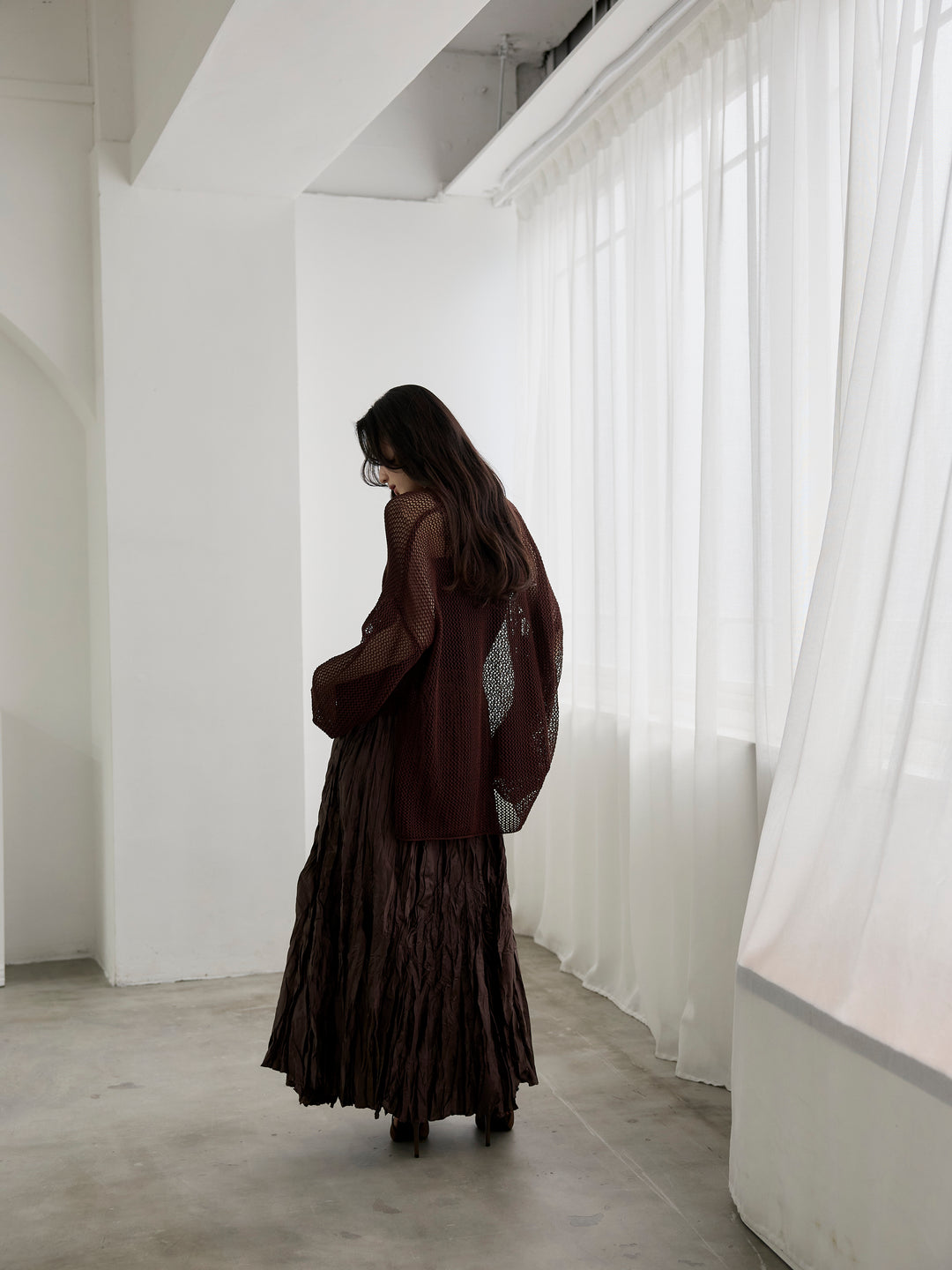 【SET】リネンタッチメッシュルーズトップス+グロッシーワッシャープリーツスカート(2set)