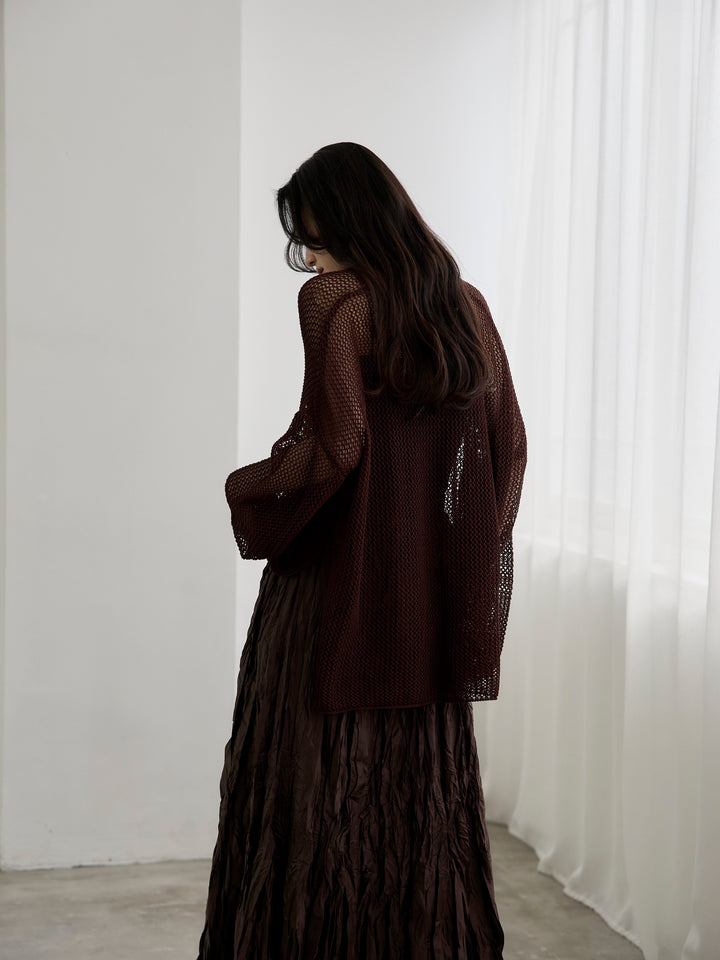 【SET】リネンタッチメッシュルーズトップス+カットリブカップ付きバッククロスキャミソール(2set)