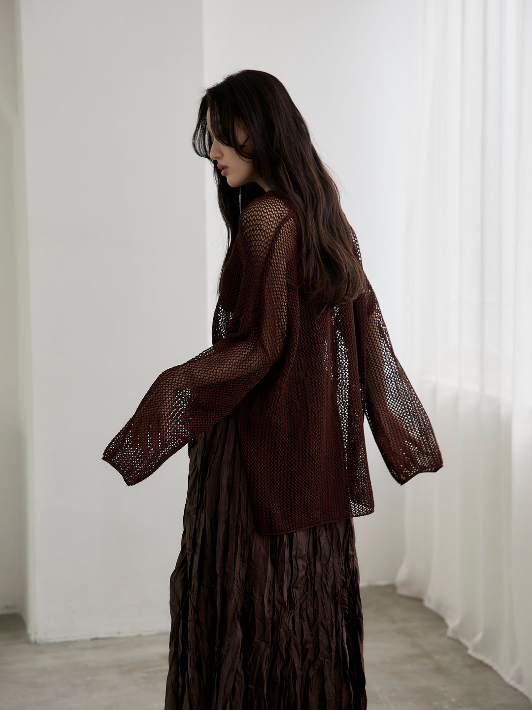 【SET】リネンタッチメッシュルーズトップス+グロッシーワッシャープリーツスカート(2set)