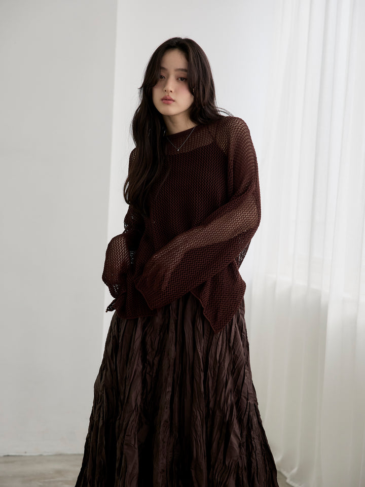 【SET】リネンタッチメッシュルーズトップス+カットリブカップ付きバッククロスキャミソール(2set)