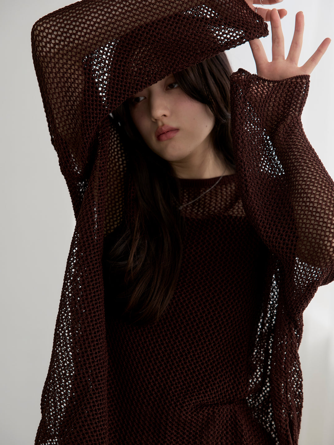 【SET】リネンタッチメッシュルーズトップス+グロッシーワッシャープリーツスカート(2set)