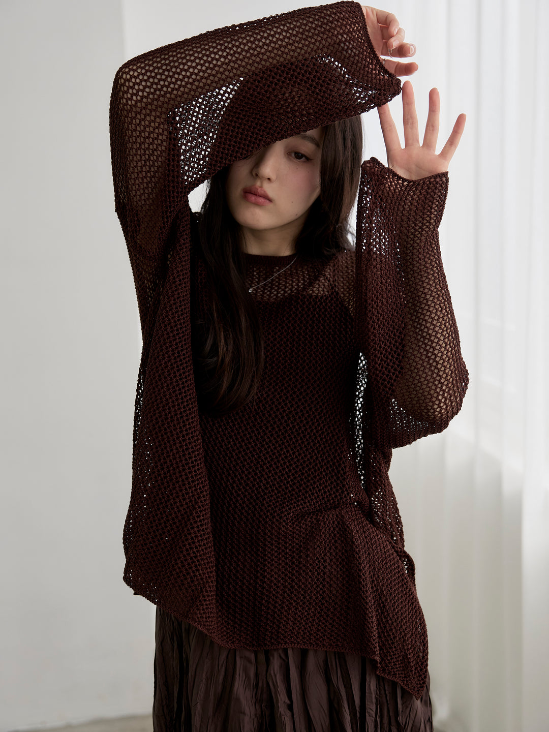 【SET】リネンタッチメッシュルーズトップス+グロッシーワッシャープリーツスカート(2set)