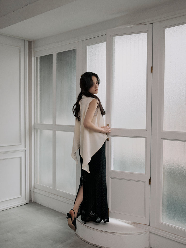 【SET】バックデザインサテンノースリーブトップス+総レースバックスリットスカート(2set)