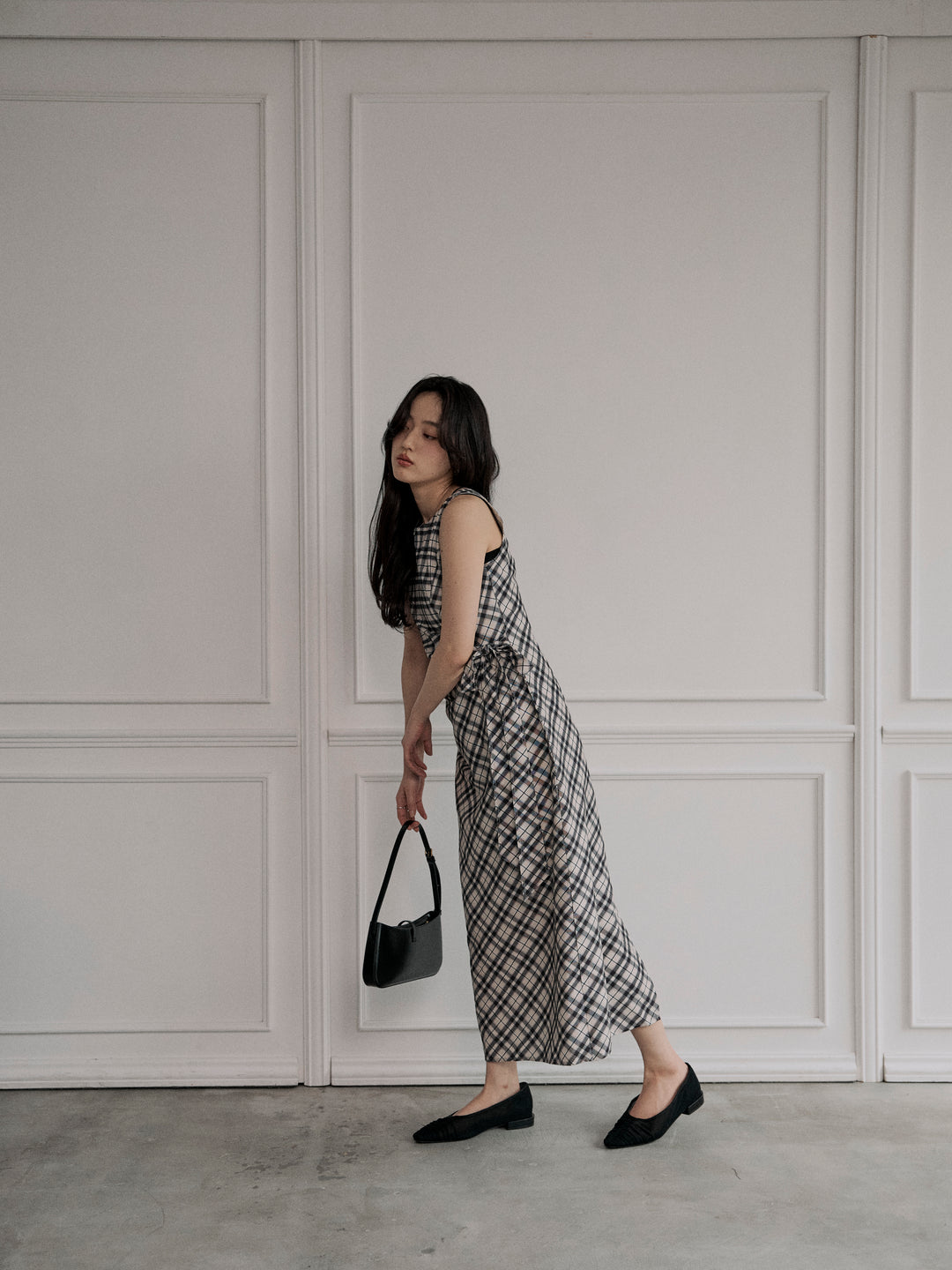 チェックドレープデザインノースリーブワンピース