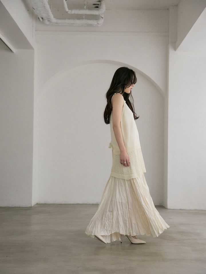 リネンタッチノースリトップス&透かし編みラップミニスカートSET