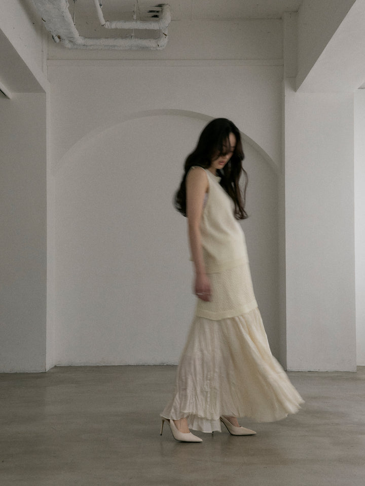 リネンタッチノースリトップス&透かし編みラップミニスカートSET