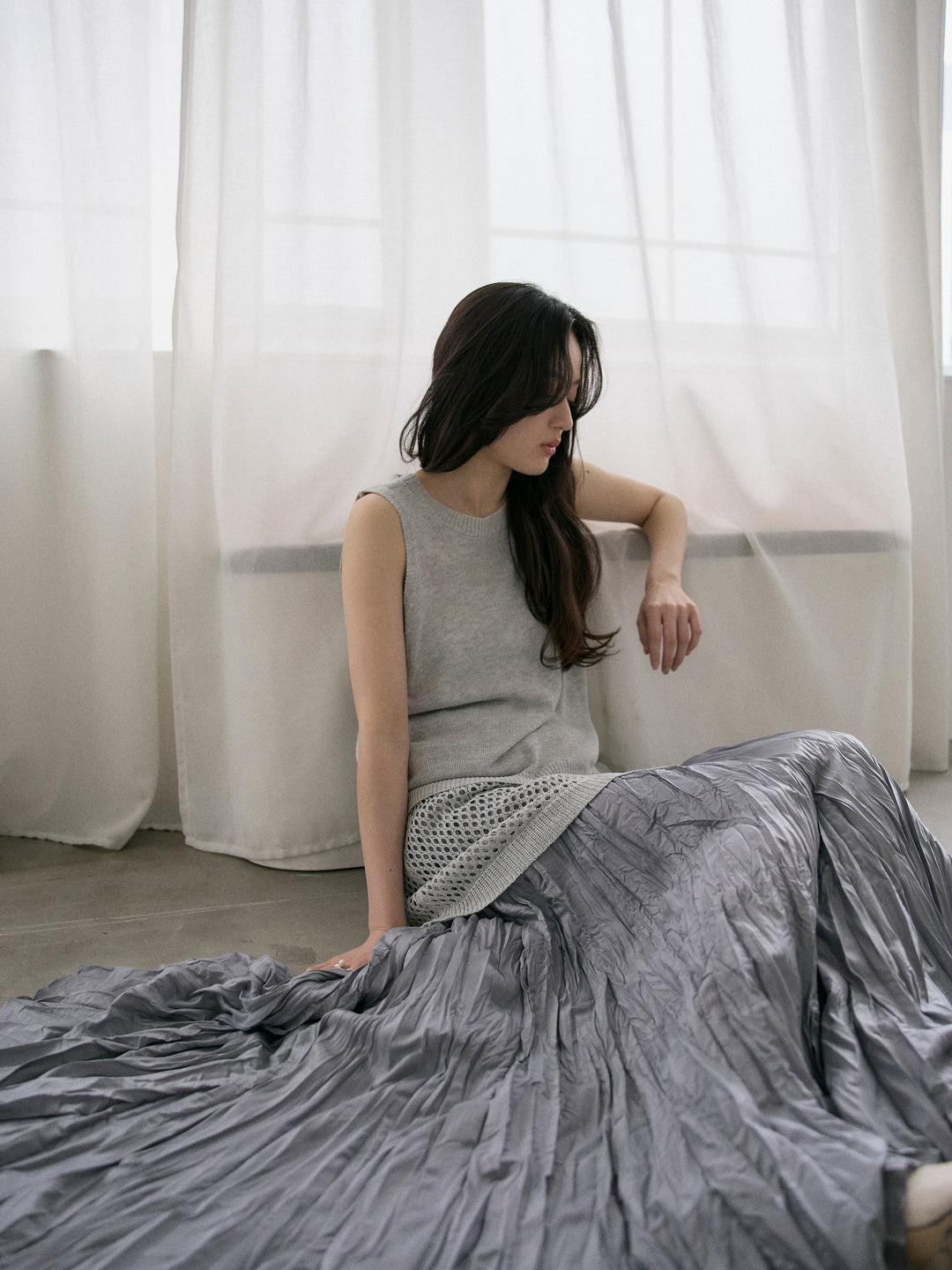 リネンタッチノースリトップス&透かし編みラップミニスカートSET