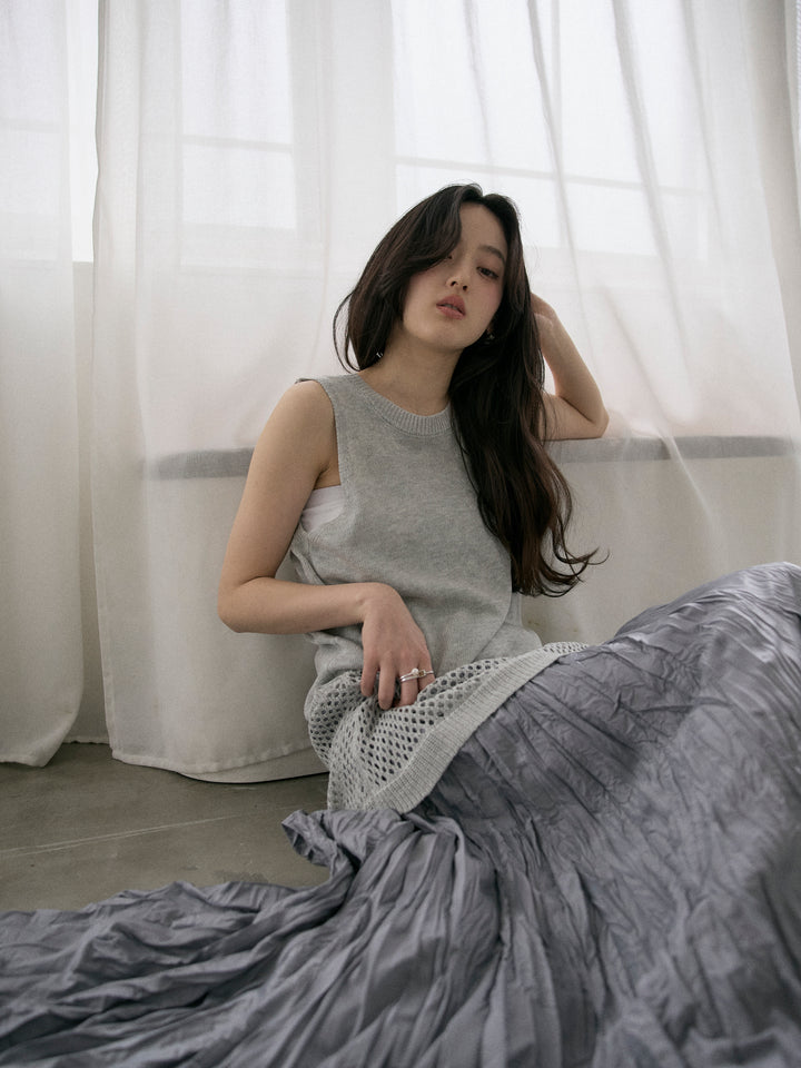 リネンタッチノースリトップス&透かし編みラップミニスカートSET