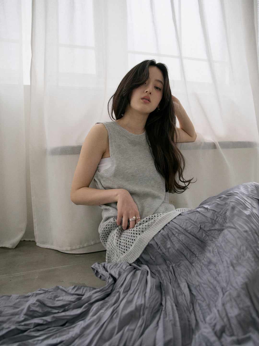 【SET】リネンタッチノースリトップス&透かし編みラップミニスカートSET+カットリブカップ付きバッククロスキャミソール(2set)