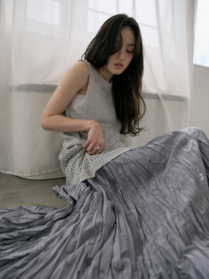 【SET】リネンタッチノースリトップス&透かし編みラップミニスカートSET+カットリブカップ付きバッククロスキャミソール(2set)