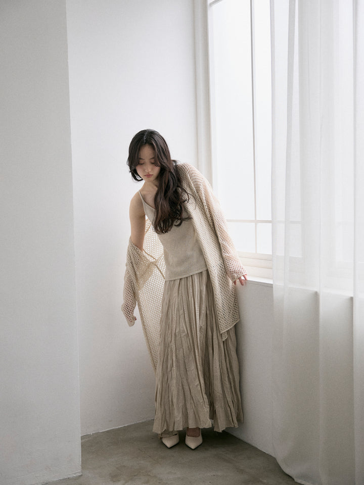 【SET】リネンタッチ透かし編みカーディガン&キャミソールSET+カットリブカップ付きバッククロスキャミソール(2set)