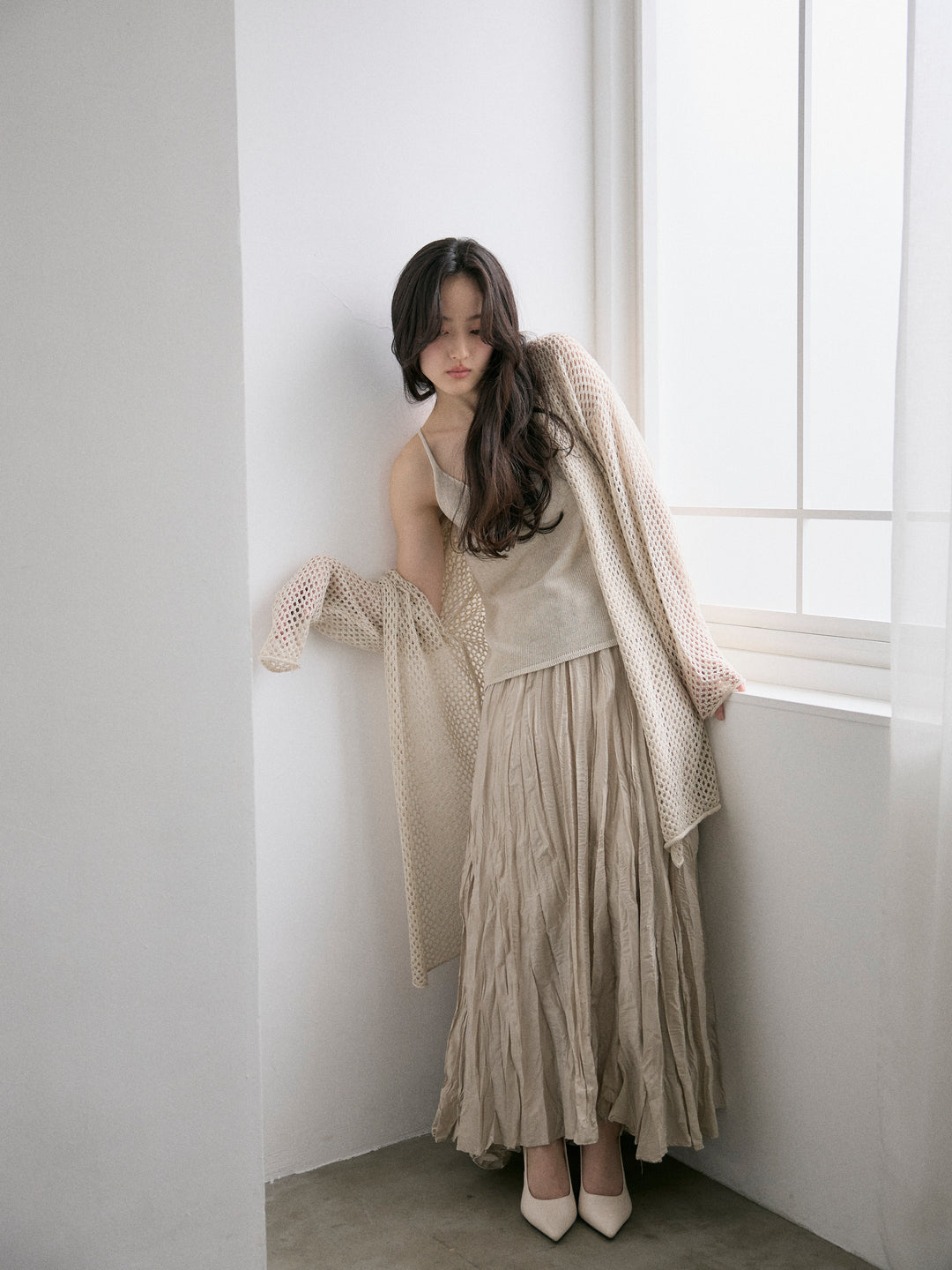 リネンタッチ透かし編みカーディガン&キャミソールSET