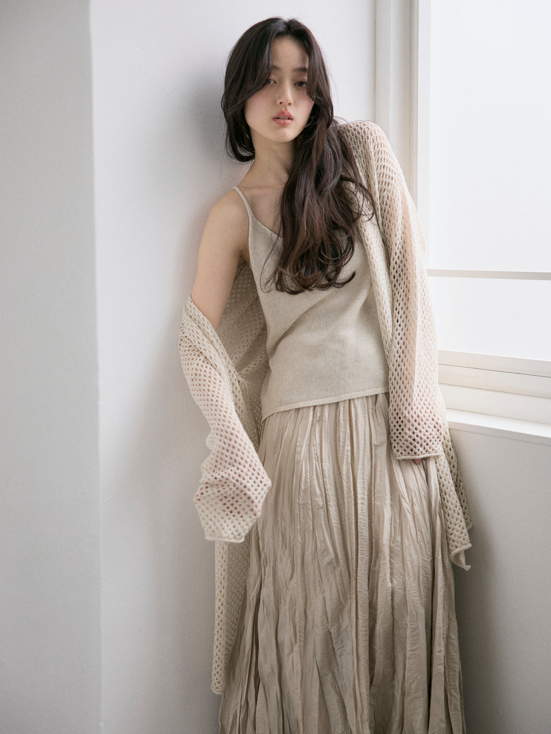 【SET】リネンタッチ透かし編みカーディガン&キャミソールSET+グロッシーワッシャープリーツスカート(2set)