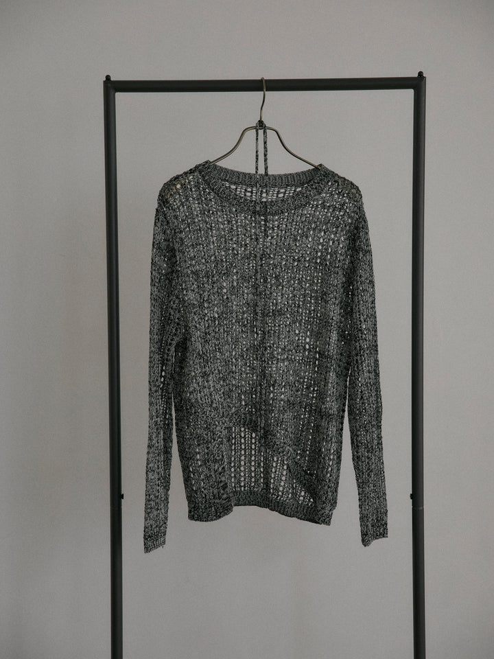 リネンタッチデザイン編みタイ付きルーズトップス