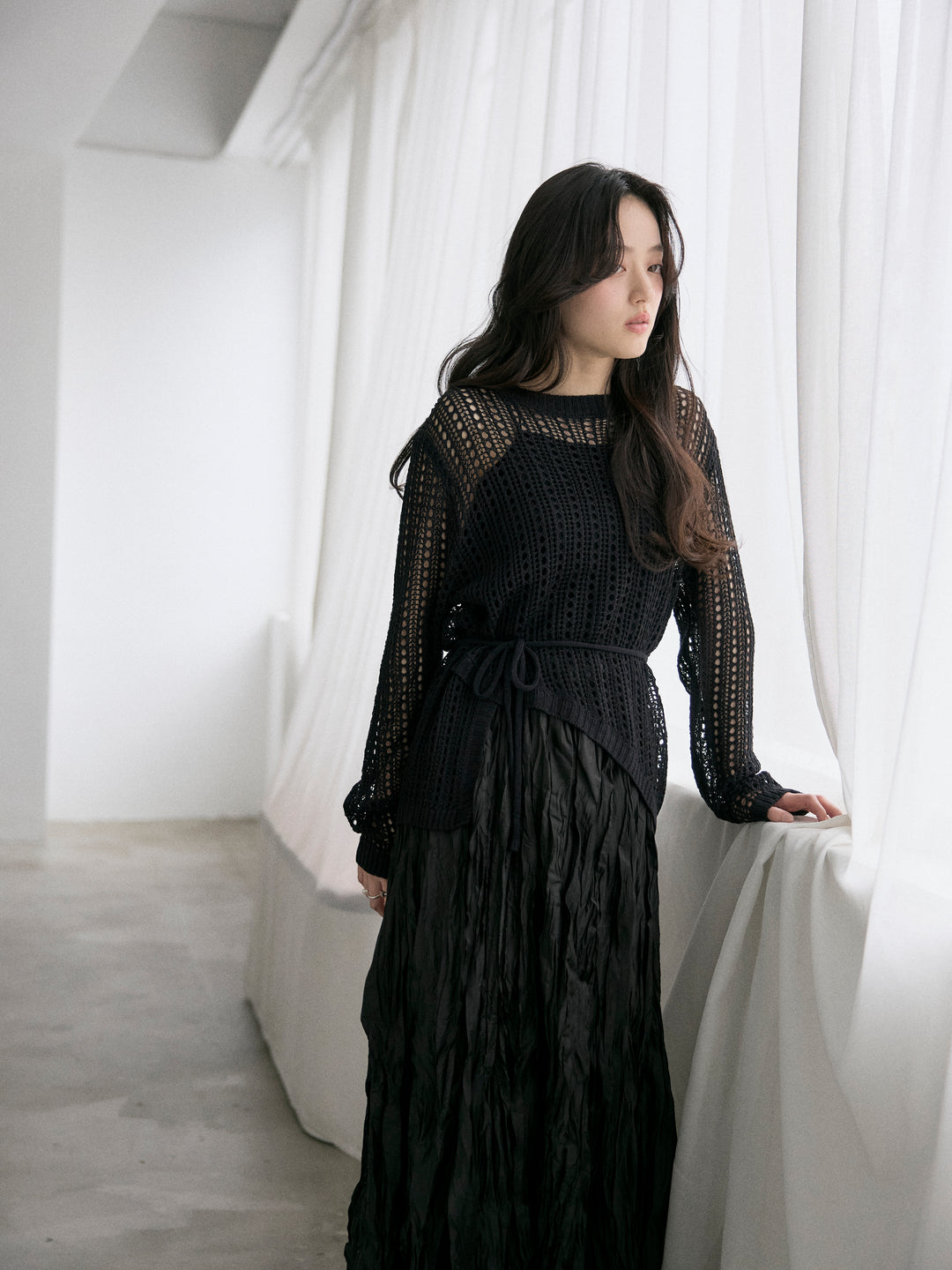 リネンタッチデザイン編みタイ付きルーズトップス