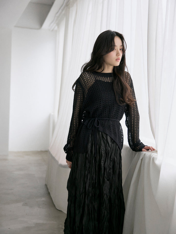 リネンタッチデザイン編みタイ付きルーズトップス