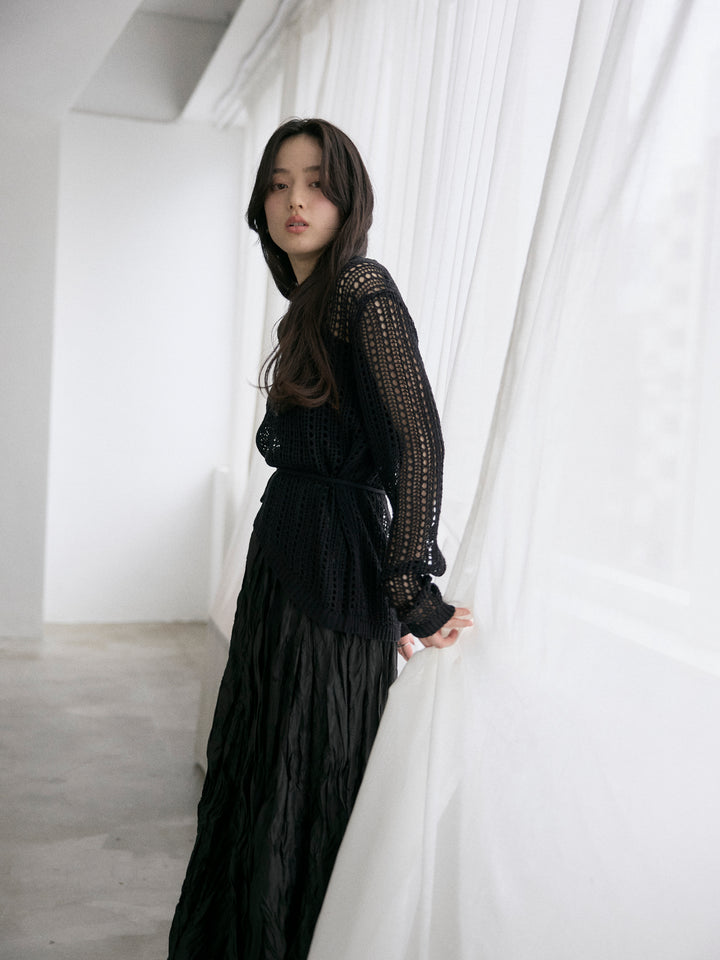 【SET】リネンタッチデザイン編みタイ付きルーズトップス+カットリブカップ付きバッククロスキャミソール(2set)