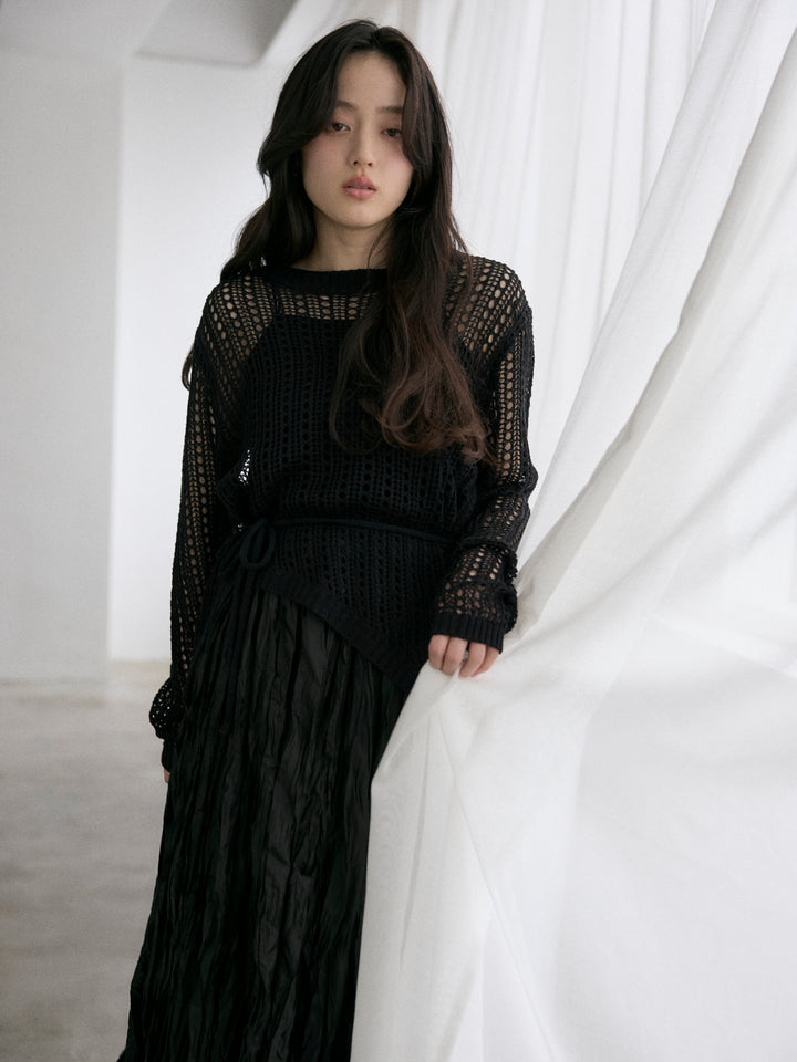 【SET】リネンタッチデザイン編みタイ付きルーズトップス+カットリブカップ付きバッククロスキャミソール(2set)