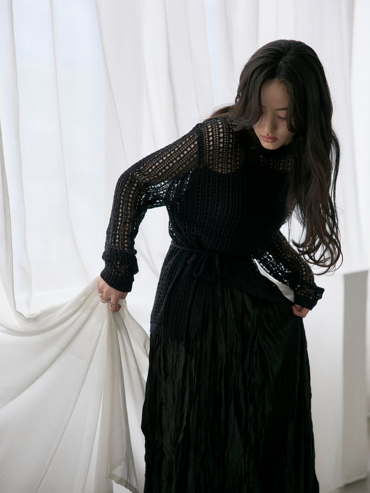 【SET】リネンタッチデザイン編みタイ付きルーズトップス+カットリブカップ付きバッククロスキャミソール(2set)