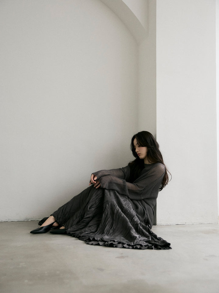 【SET】リネンタッチメッシュルーズトップス+グロッシーワッシャープリーツスカート(2set)