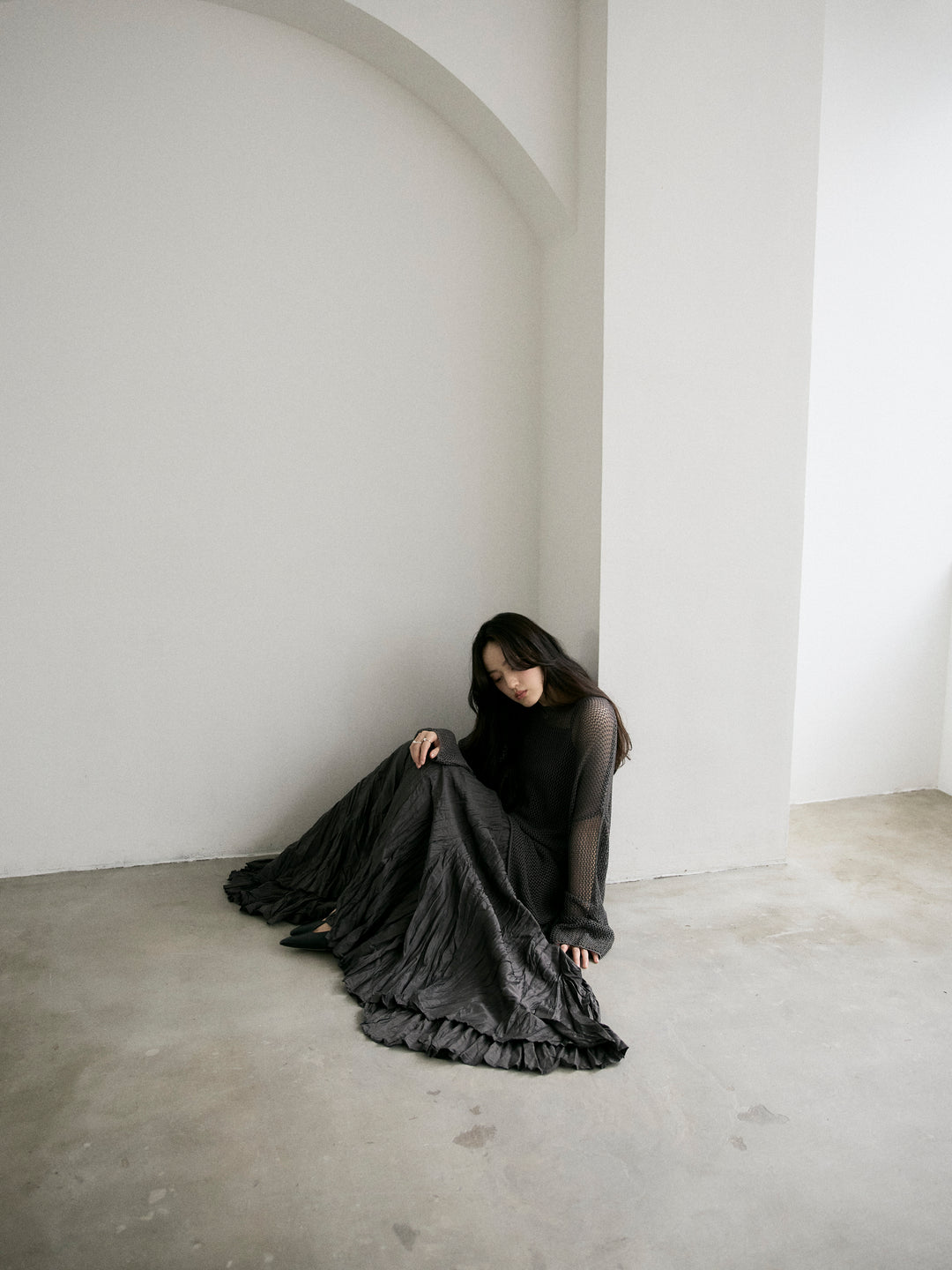 【SET】リネンタッチメッシュルーズトップス+グロッシーワッシャープリーツスカート(2set)