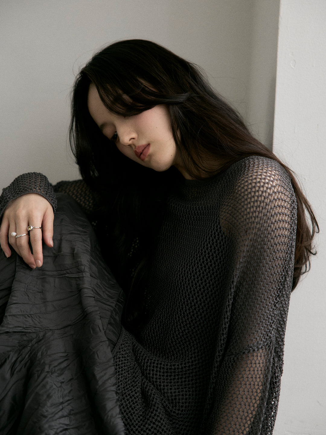 【SET】リネンタッチメッシュルーズトップス+グロッシーワッシャープリーツスカート(2set)