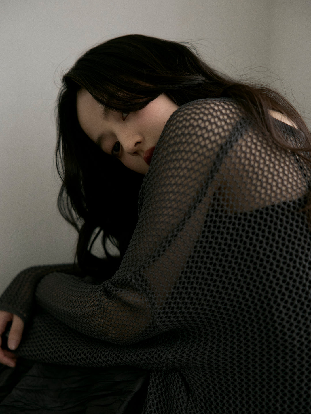 リネンタッチメッシュルーズトップス