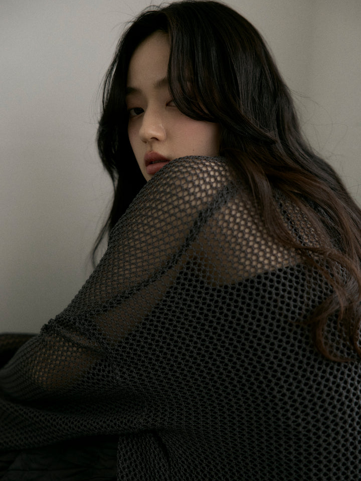 【SET】リネンタッチメッシュルーズトップス+カットリブカップ付きバッククロスキャミソール(2set)