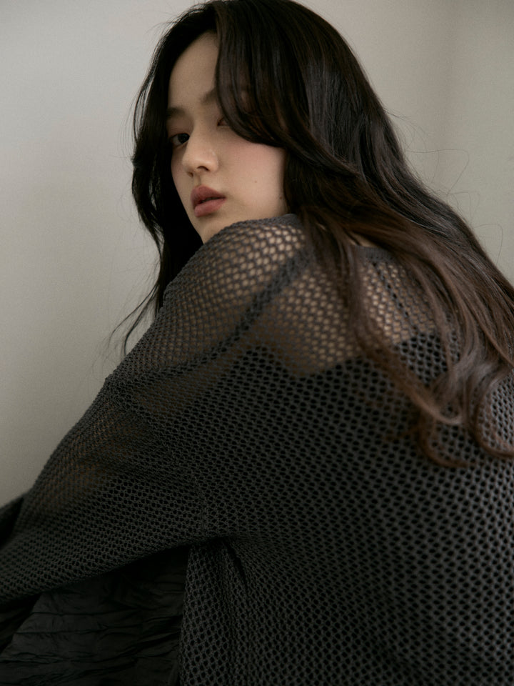 リネンタッチメッシュルーズトップス