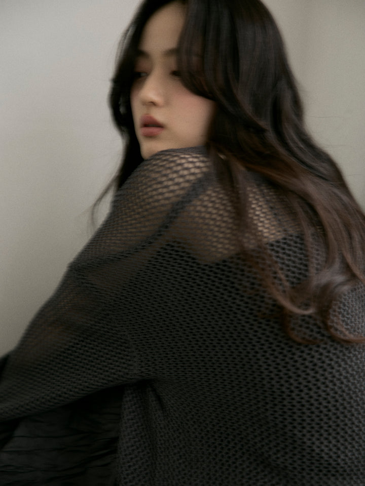 【SET】リネンタッチメッシュルーズトップス+カットリブカップ付きバッククロスキャミソール(2set)