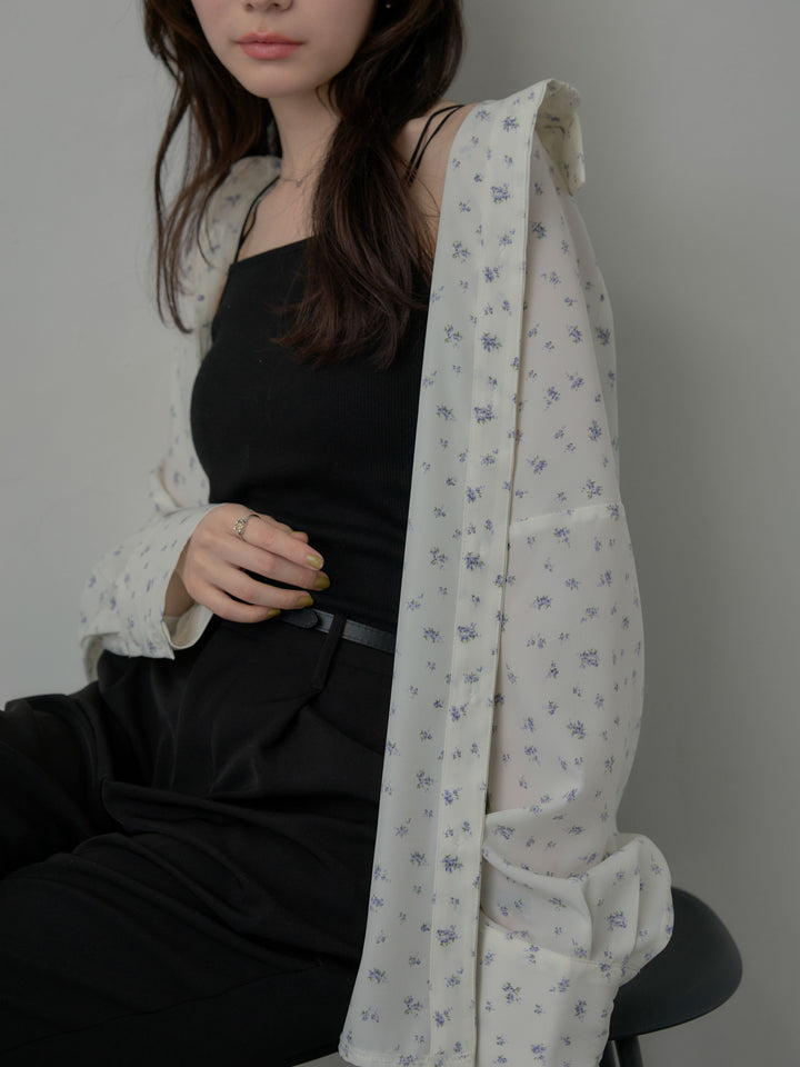 【SET】小花柄サテンオーバーシャツ+エステルツイルセミフレアパンツ(2set)