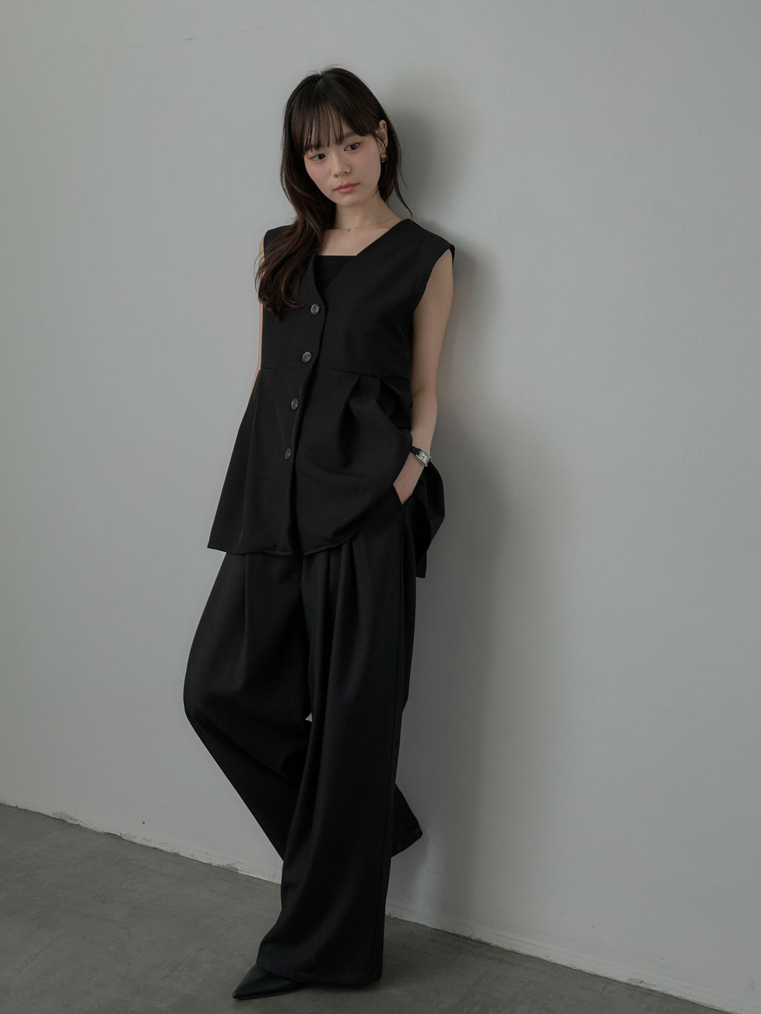 【SET】ツイルタックベスト+ウエスト配色ツイルパンツ(2set)