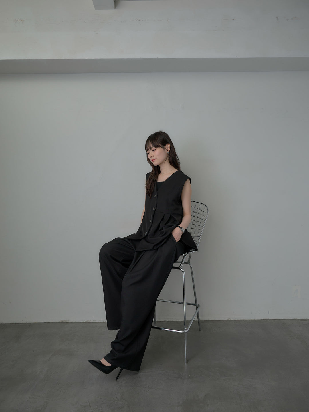 【SET】ツイルタックベスト+ウエスト配色ツイルパンツ(2set)